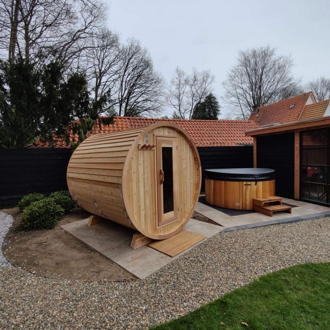Outdoor barrel sauna made from knotty Western Red Cedar