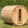 Outdoor barrel sauna made from knotty Western Red Cedar