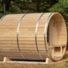Outdoor barrel sauna made from knotty Eastern White Cedar
