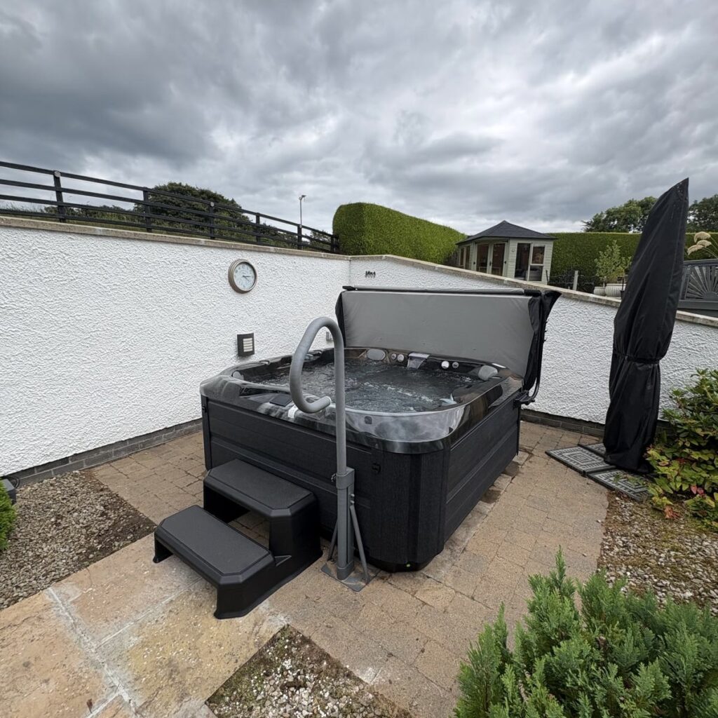 Co.Down hot tub installation with safety handrail