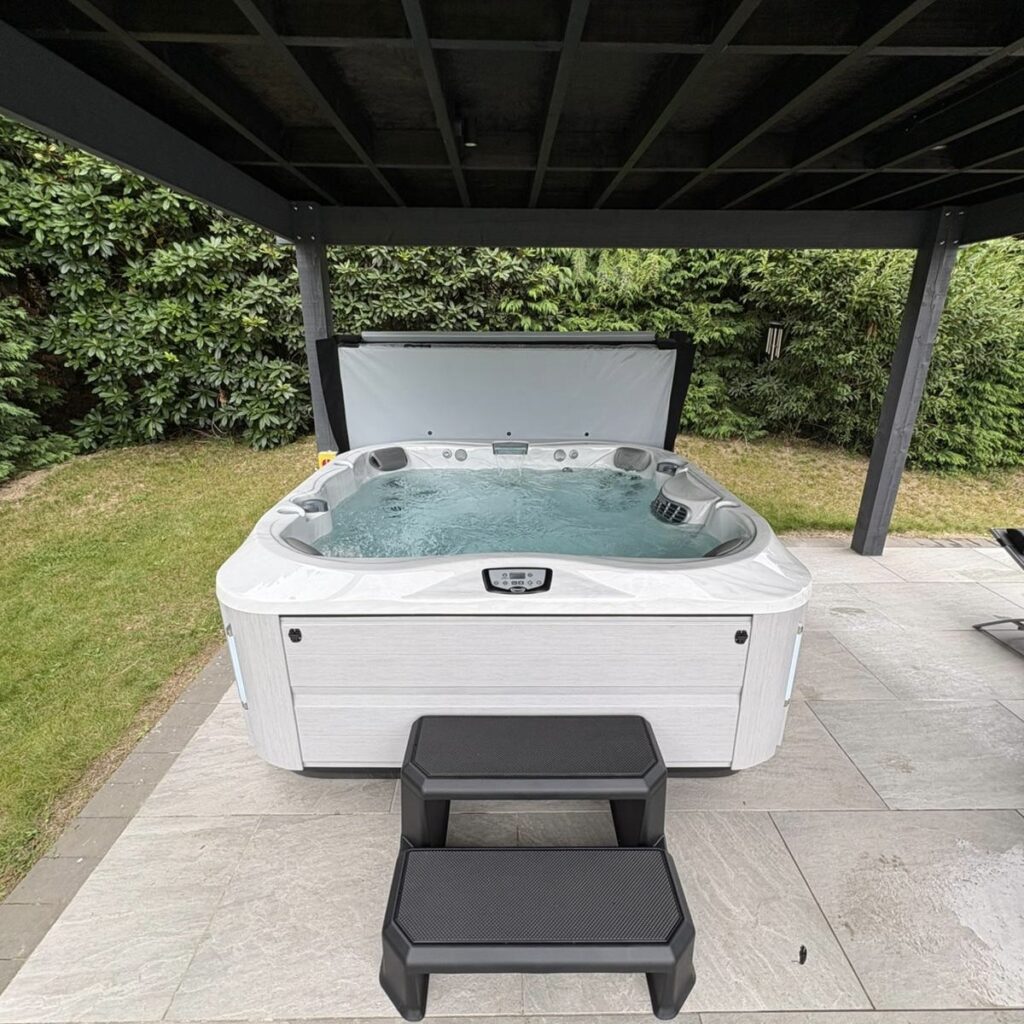 Wooden pergola hot tub installation
